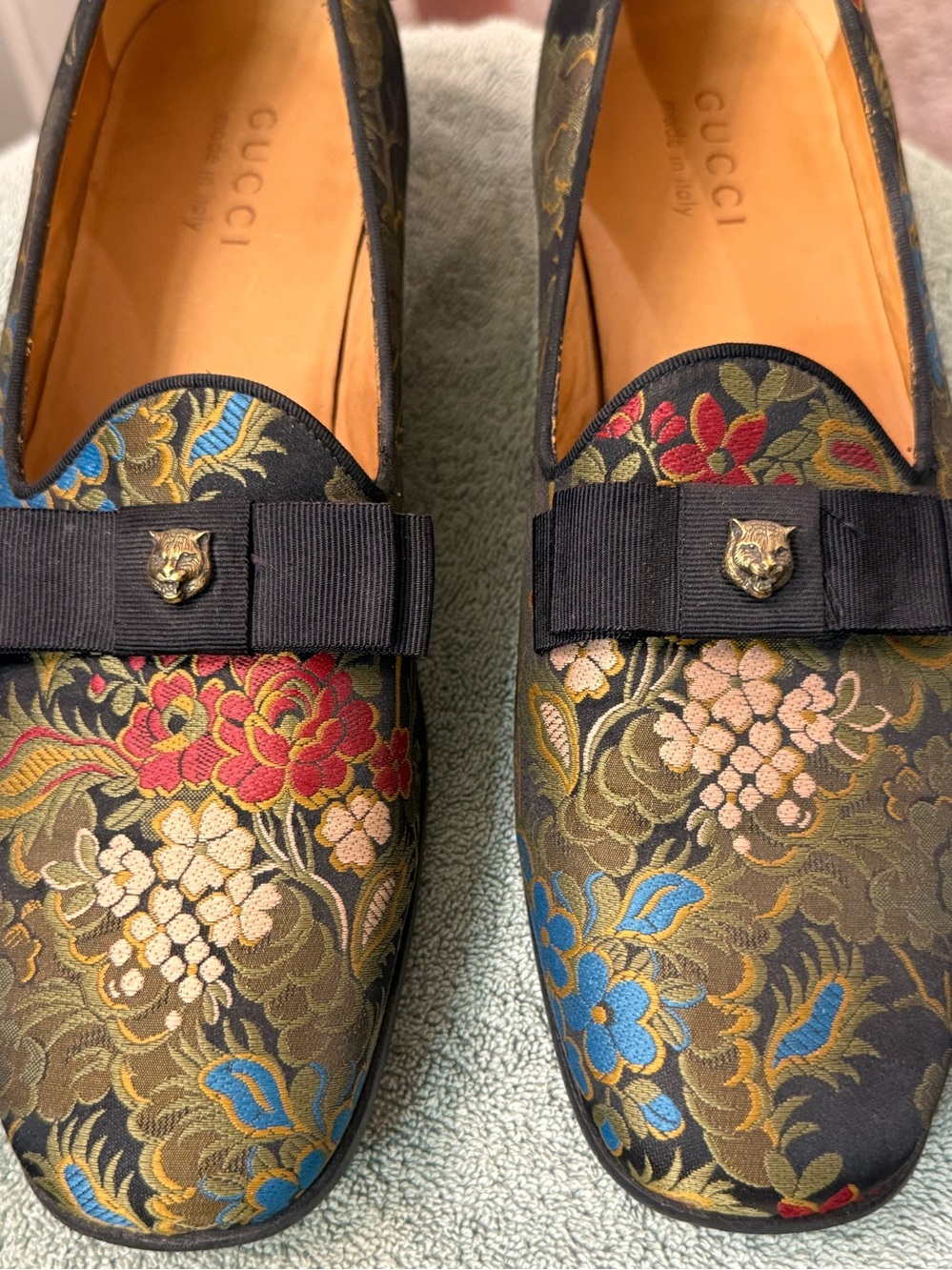 Gucci Floral Brocade Ribbon Loafers in Black, Gold, Blue & Red - Picture 3 of 14
